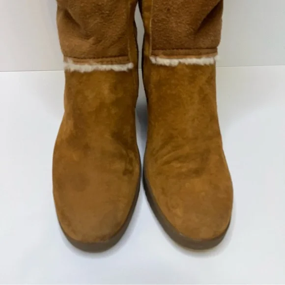 UGG Women's Sandra S/N 5449 Tan Leather Shearling Tall Wedge Boots Size 8 - Picture 3 of 16